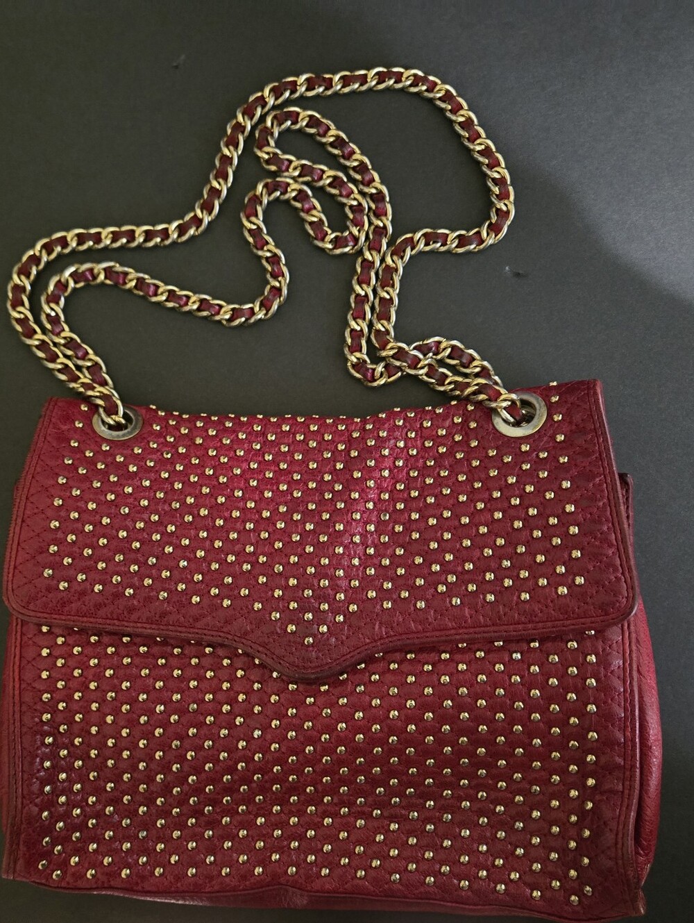 Rebecca Minkoff Red Studded Leather Crossbody Bag Gold Chain Moto Goth
